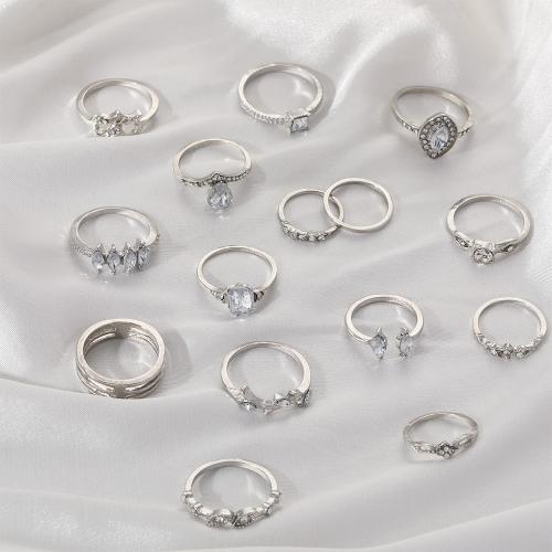 Tibetan Style Ring Set, plated, 15 pieces & for woman & with rhinestone, silver color, Sold By Set