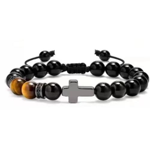 oeil de tigre bracelet, avec cuir PU & pierre noire & Acier inoxydable 304, styles différents pour le choix & pour homme, Longueur:Environ 7.5-7.7 pouce, Vendu par PC