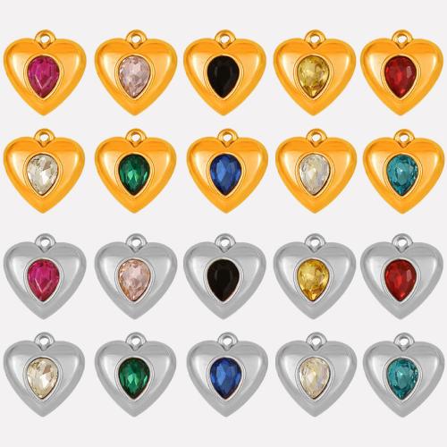 Stainless Steel Heart Pendants, 304 Stainless Steel, with Glass Rhinestone, Vacuum Ion Plating, DIY, more colors for choice, 16x17x5.80mm, Hole:Approx 1.8mm, 10PCs/Bag, Sold By Bag