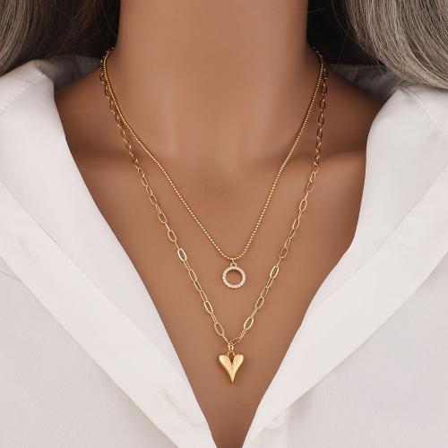 Brass Necklace, Heart, gold color plated, Double Layer & for woman, nickel, lead & cadmium free, Length:50 cm, Sold By PC