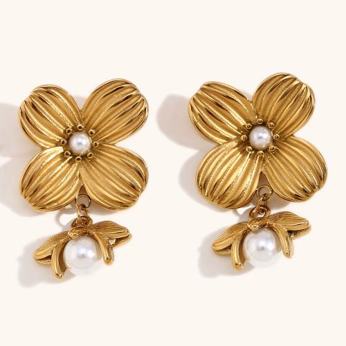 Stainless Steel Drop Earring, 304 Stainless Steel, with Plastic Pearl, Flower, gold color plated, for woman, more colors for choice, Sold By Pair