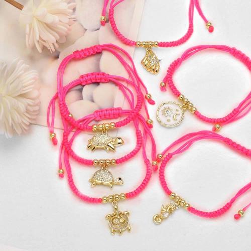 Bracelet cubique en laiton zircon pavent, corde en nylon, avec laiton, bijoux de mode & modèles différents pour le choix & pavé de micro zircon & émail, rose, Vendu par PC