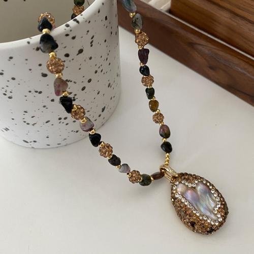 Natural Gemstone Necklace, with Freshwater Pearl, with 6cm extender chain, fashion jewelry & with rhinestone, mixed colors, Length:43.5 cm, Sold By PC