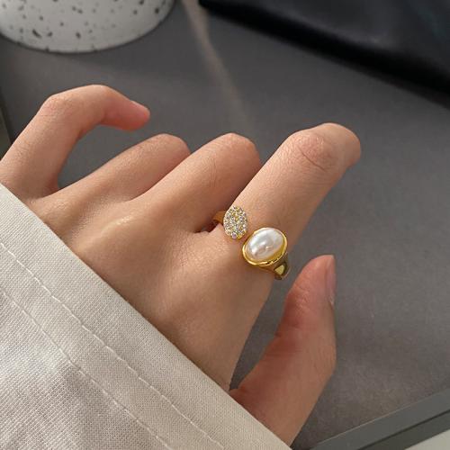 Brass Finger Ring, with Plastic Pearl, gold color plated, fashion jewelry & with rhinestone, golden, nickel, lead & cadmium free, The inner diameter is about 1.7cm, Sold By PC