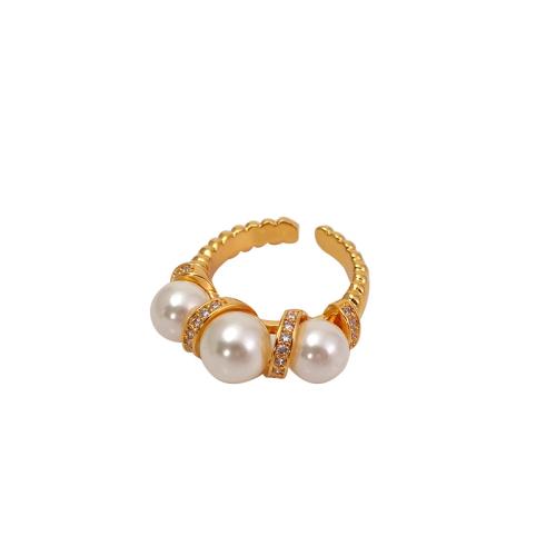 Brass Finger Ring, with Plastic Pearl, plated, fashion jewelry & with rhinestone, more colors for choice, nickel, lead & cadmium free, The inner diameter is about 1.8cm, Sold By PC