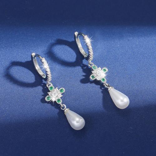 Boucles d'oreilles en laiton zircon cubique pavent, avec perle de plastique, Placage, bijoux de mode & pavé de micro zircon & pour femme, Vendu par paire