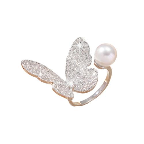 Cubic Zirconia Micro Pave Brass Ring, with Plastic Pearl, Butterfly, plated, fashion jewelry & micro pave cubic zirconia & for woman, Sold By PC