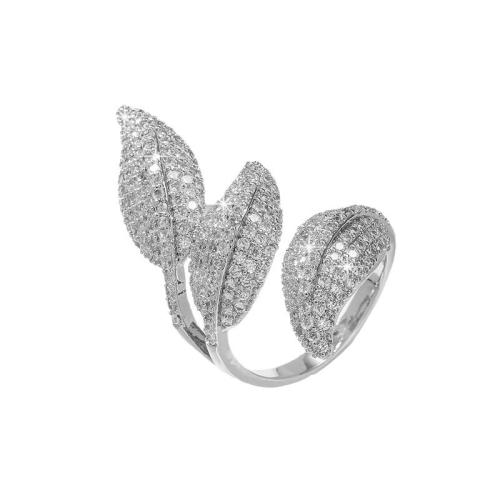 Cubic Zirconia Micro Pave Brass Ring, Leaf, plated, fashion jewelry & micro pave cubic zirconia & for woman, silver color, Sold By PC