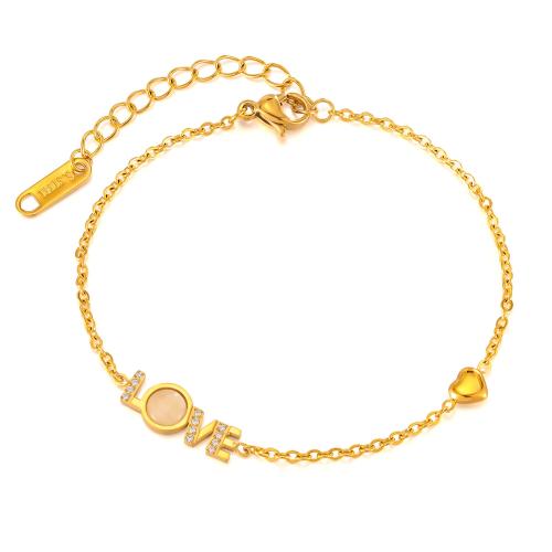 Bijoux bracelet en acier inoxydable, Acier inoxydable 304, avec Oeil de chat, avec 50mm chaînes de rallonge, poli, bijoux de mode & pour femme & avec strass, doré, Longueur:160 mm, Vendu par PC