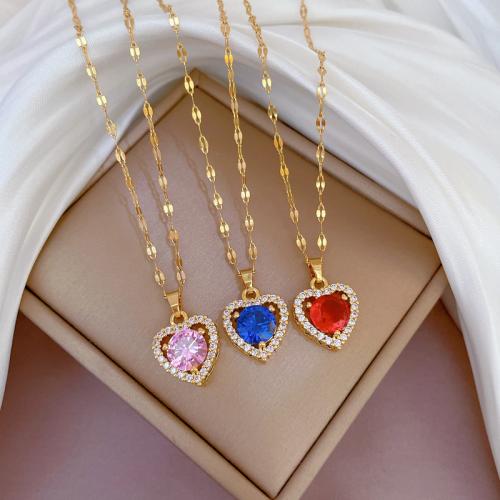 Titanium Steel Necklace, with Brass, Heart, plated, micro pave cubic zirconia & for woman, more colors for choice, Length:Approx 21-50 cm, Sold By PC