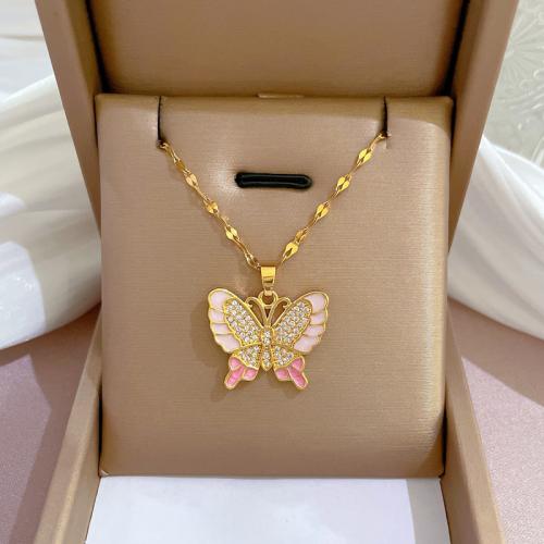 Titanium Steel Necklace, with Brass, Butterfly, plated, micro pave cubic zirconia & for woman & enamel, gold, Length:Approx 21-50 cm, Sold By PC