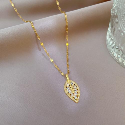 Titanium Steel Necklace, with Brass, Leaf, plated, micro pave cubic zirconia & for woman, gold, Length:Approx 21-50 cm, Sold By PC