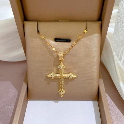 Titanium Steel Necklace, with Brass, Cross, plated, micro pave cubic zirconia & for woman, gold, Length:Approx 21-50 cm, Sold By PC