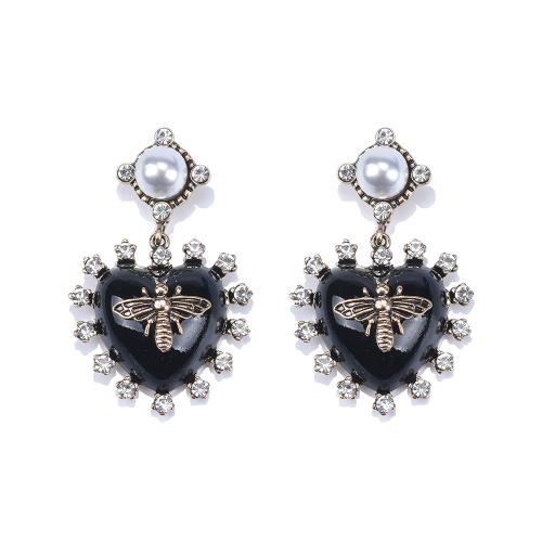 Tibetan Style Stud Earring, with Plastic Pearl & Acrylic, Heart, plated, for woman & with rhinestone, black, Sold By Pair