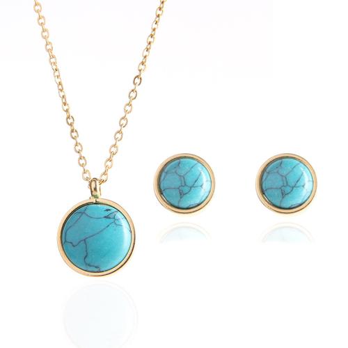 Fashion Stainless Steel Jewelry Sets, Stud Earring & necklace, 304 Stainless Steel, with turquoise, plated, 2 pieces & fashion jewelry & for woman, golden, Sold By Set