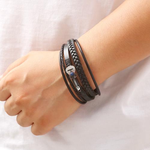 PU Leather Cord Bracelets, with Gemstone, Vacuum Ion Plating, for man, Sold By PC