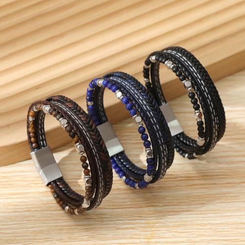 PU Leather Cord Bracelets, with Gemstone, Vacuum Ion Plating, for man, more colors for choice, Sold By PC