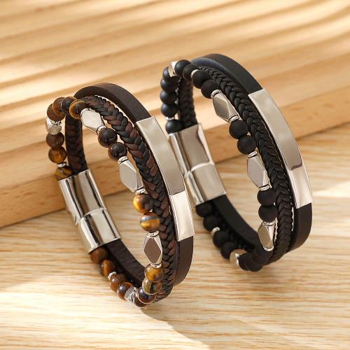 PU Leather Cord Bracelets, with Gemstone, Vacuum Ion Plating, for man, more colors for choice, Sold By PC