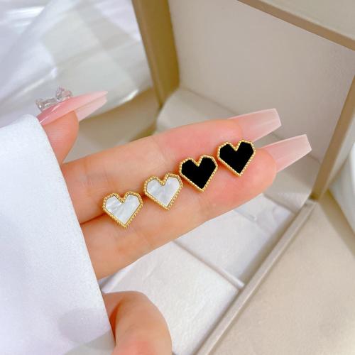 Stainless Steel Stud Earrings, 304 Stainless Steel, with Shell, Heart, Vacuum Ion Plating, for woman, more colors for choice, 10x5x8mm, Sold By Pair