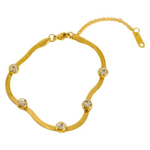 Stainless Steel Jewelry Bracelet, 304 Stainless Steel, with 5cm extender chain, Vacuum Ion Plating, fashion jewelry & for woman & with rhinestone, golden, Length:Approx 18 cm, Sold By PC