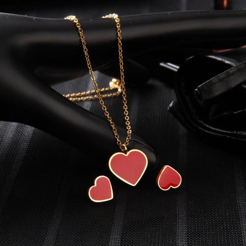 Enamel Stainless Steel Jewelry Set, Stud Earring & necklace, 304 Stainless Steel, Heart, gold color plated, for woman, red, nickel, lead & cadmium free, Sold By Set