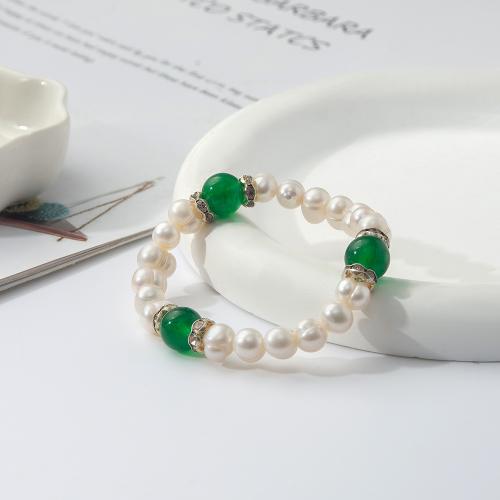 Bracelet en perles de culture d'eau douce, perle d'eau douce cultivée, avec Calcédoine verte, pour femme & avec strass, Longueur:18.5 cm, Vendu par PC