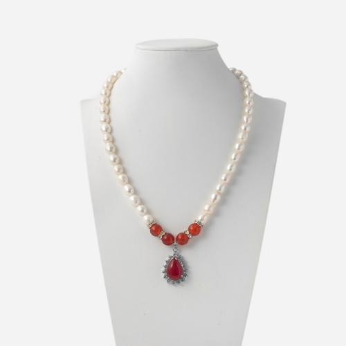 Natural Freshwater Pearl Necklace, with Red Agate, for woman & with rhinestone, red, Length:38 cm, Sold By PC