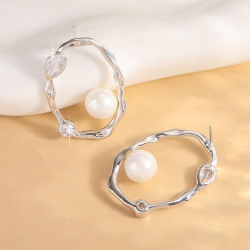 Cubic Zirconia Micro Pave Brass Earring, with Plastic Pearl, plated, micro pave cubic zirconia & for woman & hollow, silver color, Sold By Pair