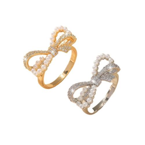 Cúbicos Circonia Micro Pave anillo de latón, metal, con Perlas plásticas, Lazo, chapado, diverso tamaño para la opción & micro arcilla de zirconia cúbica & para mujer & hueco, más colores para la opción, Vendido por UD