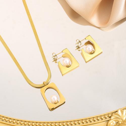 Fashion Stainless Steel Jewelry Sets, 304 Stainless Steel, with Plastic Pearl, plated, different styles for choice & for woman & hollow, golden, Sold By PC