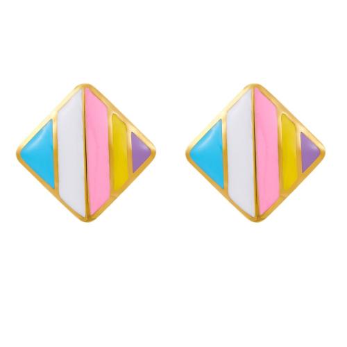 Stainless Steel Stud Earrings, 304 Stainless Steel, Square, 18K gold plated, fashion jewelry & for woman & enamel, more colors for choice, Sold By Pair