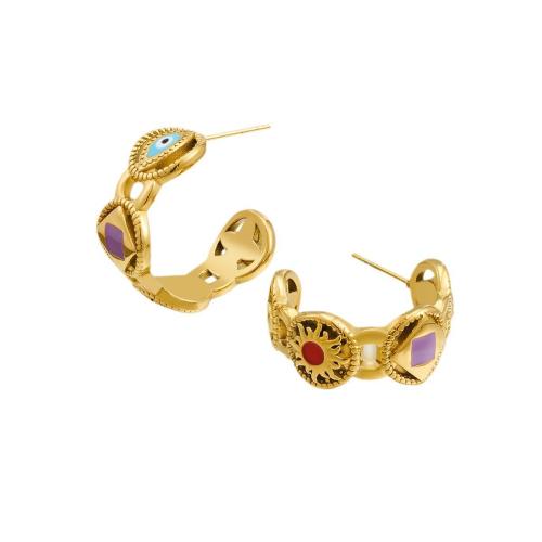 Stainless Steel Stud Earrings, 304 Stainless Steel, 18K gold plated, for woman & enamel & hollow, Sold By Pair