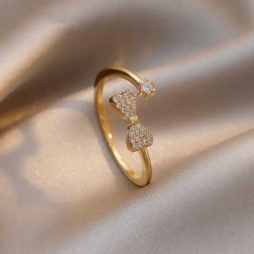 Cubic Zirconia Micro Pave Brass Ring, Bowknot, plated, micro pave cubic zirconia & for woman, gold, Sold By PC