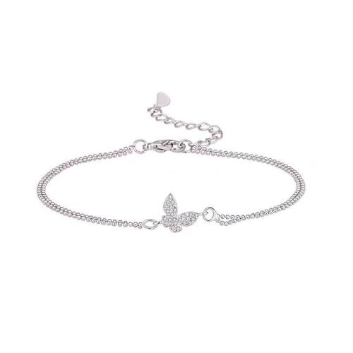 Cúbicos Circonia pulsera Latón Micro pavimenta, metal, con 3CM extender cadena, Mariposa, chapado, micro arcilla de zirconia cúbica & para mujer, plateado, longitud:aproximado 16 cm, Vendido por UD