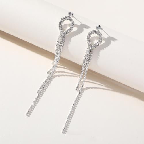 Brass Stud Earring, plated, for woman & with rhinestone, silver color, 140x10mm, Sold By Pair