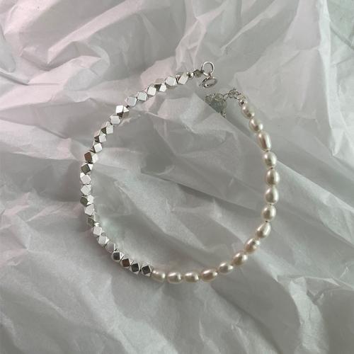 Brass Bracelet & Bangle, with Plastic Pearl, with 3CM extender chain, plated, for woman, silver color, Length:Approx 16 cm, Sold By PC