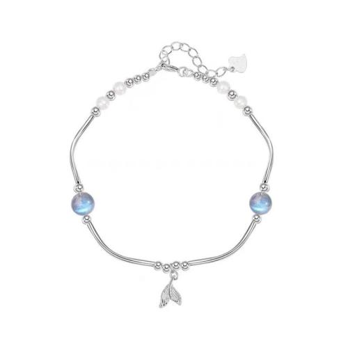 Bracelets en laiton, avec Moonstone & perle de plastique, avec 3CM chaînes de rallonge, Placage, pour femme, argent, Longueur:Environ 16 cm, Vendu par PC