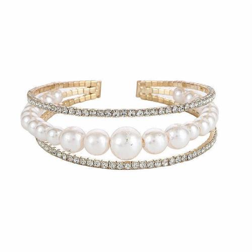 Brass Bracelet & Bangle, with Plastic Pearl, plated, for woman & with rhinestone, gold, Inner Diameter:Approx 60mm, Sold By PC