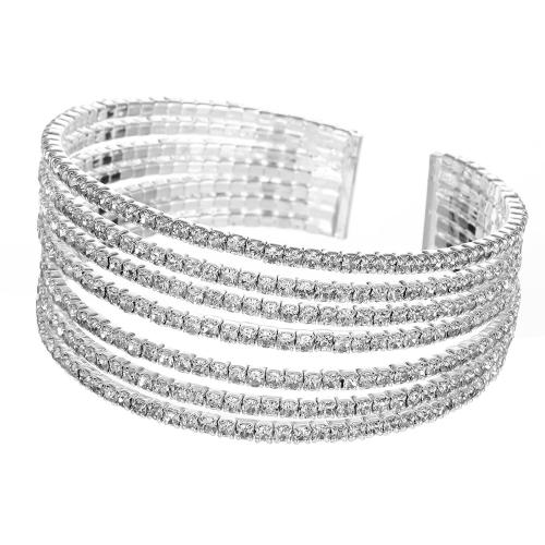 Brass Bracelet & Bangle, plated, for woman & with rhinestone, silver color, Inner Diameter:Approx 60mm, Sold By PC