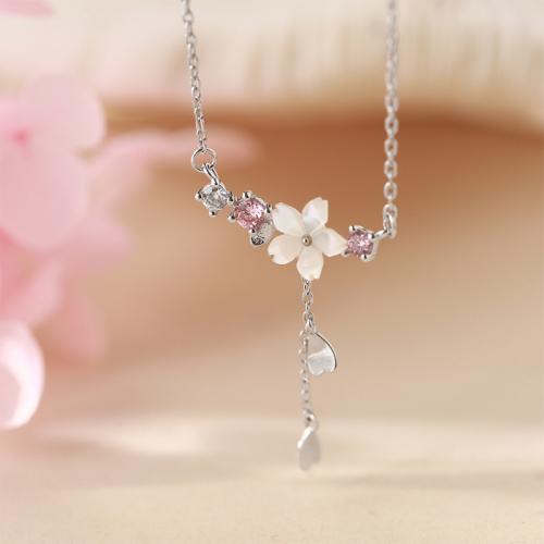 Cubic Zircon Micro Pave Brass Necklace, with Shell, petals, plated, micro pave cubic zirconia & for woman, silver color, Length:Approx 21-50 cm, Sold By PC