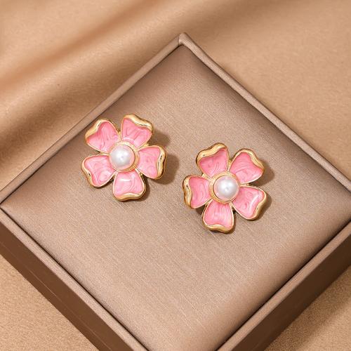 Tibetan Style Stud Earring, with Plastic Pearl, petals, plated, for woman & enamel, pink, Sold By Pair