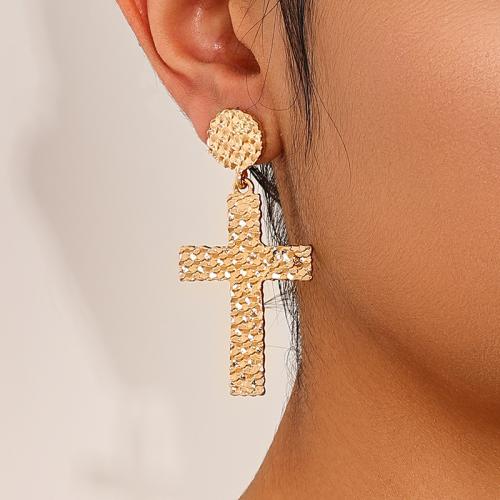 Boucle d'oreille dormeuse en alliage de zinc, croix, Placage, pour femme, Or, Vendu par paire