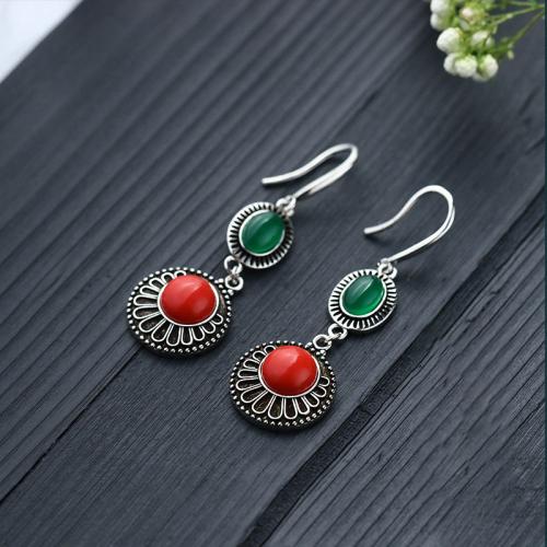 Brass Drop Earring, with Jade, vintage & for woman, silver color, 48mm, Sold By Pair