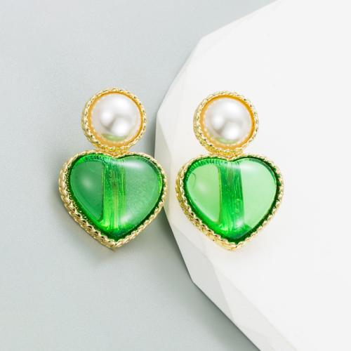 Pendientes de Perno de Aleación de Zinc, con resina & Perlas plásticas, chapado, Vintage & para mujer, verde, 42x28mm, Vendido por Par