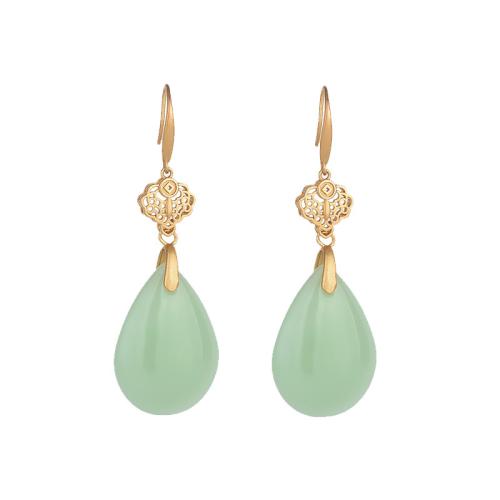 Brass Drop Earring, with Jade, vintage & for woman, golden, 58mm, Sold By Pair