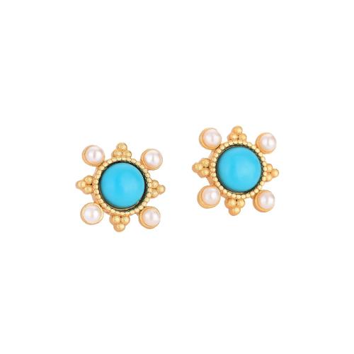 Brass Stud Earring, with Turquoise & Plastic Pearl, vintage & for woman, golden, 10x10mm, Sold By Pair