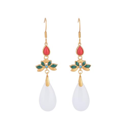 Brass Drop Earring, with Jade, vintage & for woman & enamel, golden, 65mm, Sold By Pair