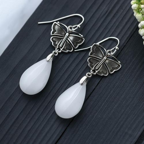 Brass Drop Earring, with Jade, vintage & for woman, silver color, 52mm, Sold By Pair