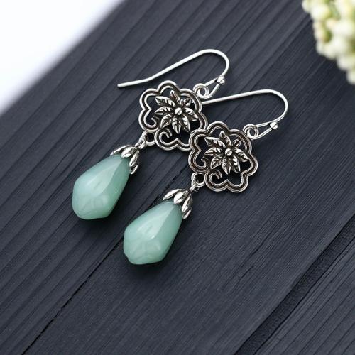 Brass Drop Earring, with Jade, vintage & for woman, silver color, 47mm, Sold By Pair