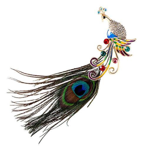 Tibetan Style Brooches, with Feather, plated, for woman & with rhinestone, golden, Sold By PC